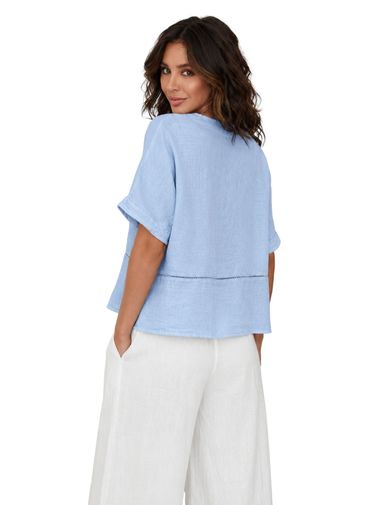 Cotton Island Linen V-Neck Sky Blue Top