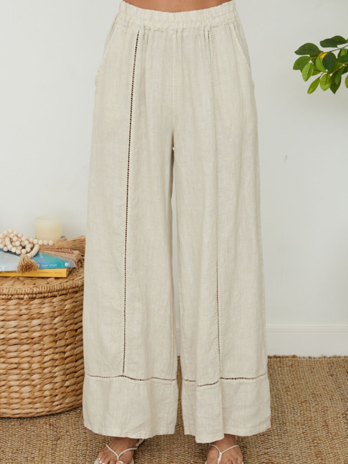 Cotton Island Linen Wide Leg Pants in Beige
