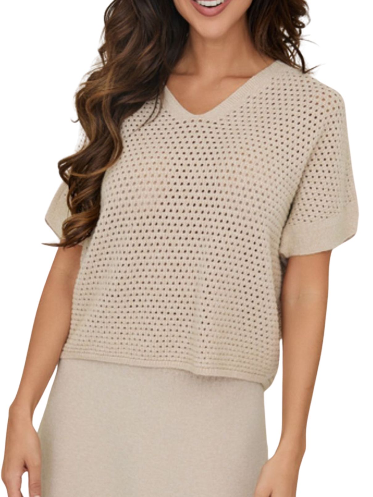 Cotton Island Mesh V-Neck Knit Top in Earth Beige