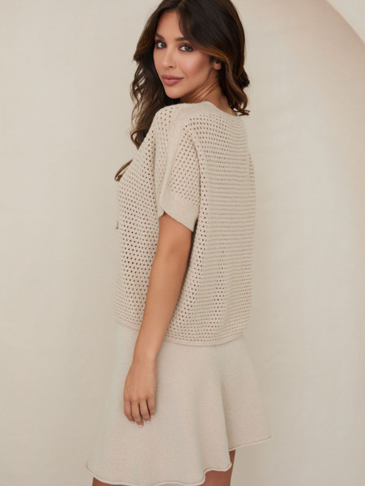 Cotton Island Mesh V-Neck Knit Top in Earth Beige