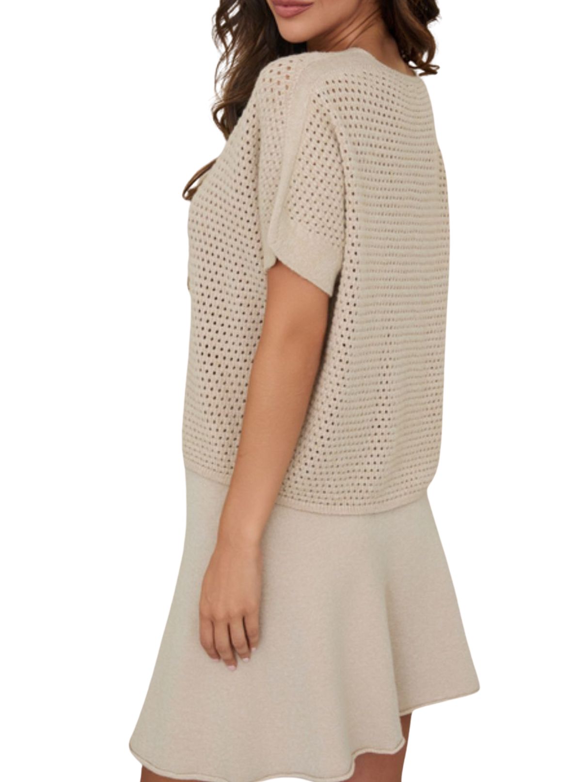 Cotton Island Mesh V-Neck Knit Top in Earth Beige