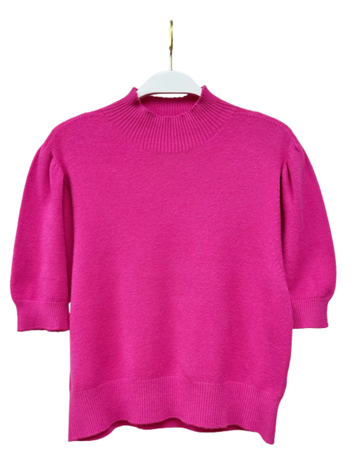 Cotton Island Mock Neck Bubble Shoulder Top in Fuchsia
