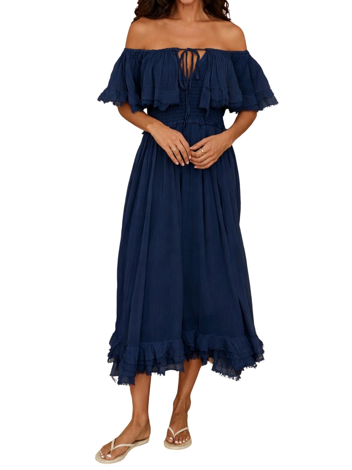 Cotton Island Off Shoulder Ruffle Maxi Dress in Navy