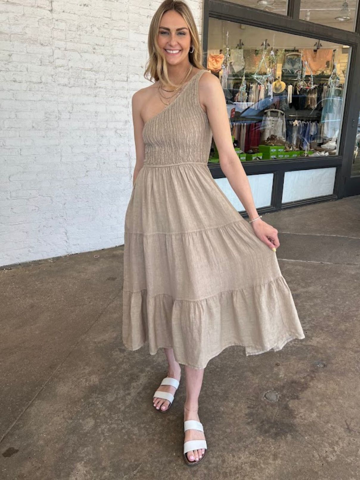 Cotton Island One Shoulder Shirred Tier Maxi Dress in Earth Beige
