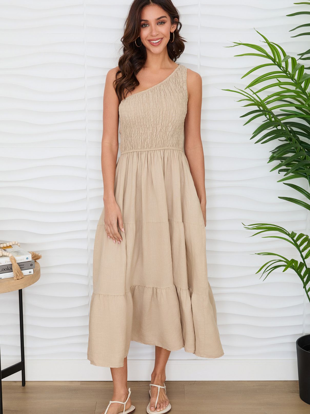 Cotton Island One Shoulder Shirred Tier Maxi Dress in Earth Beige