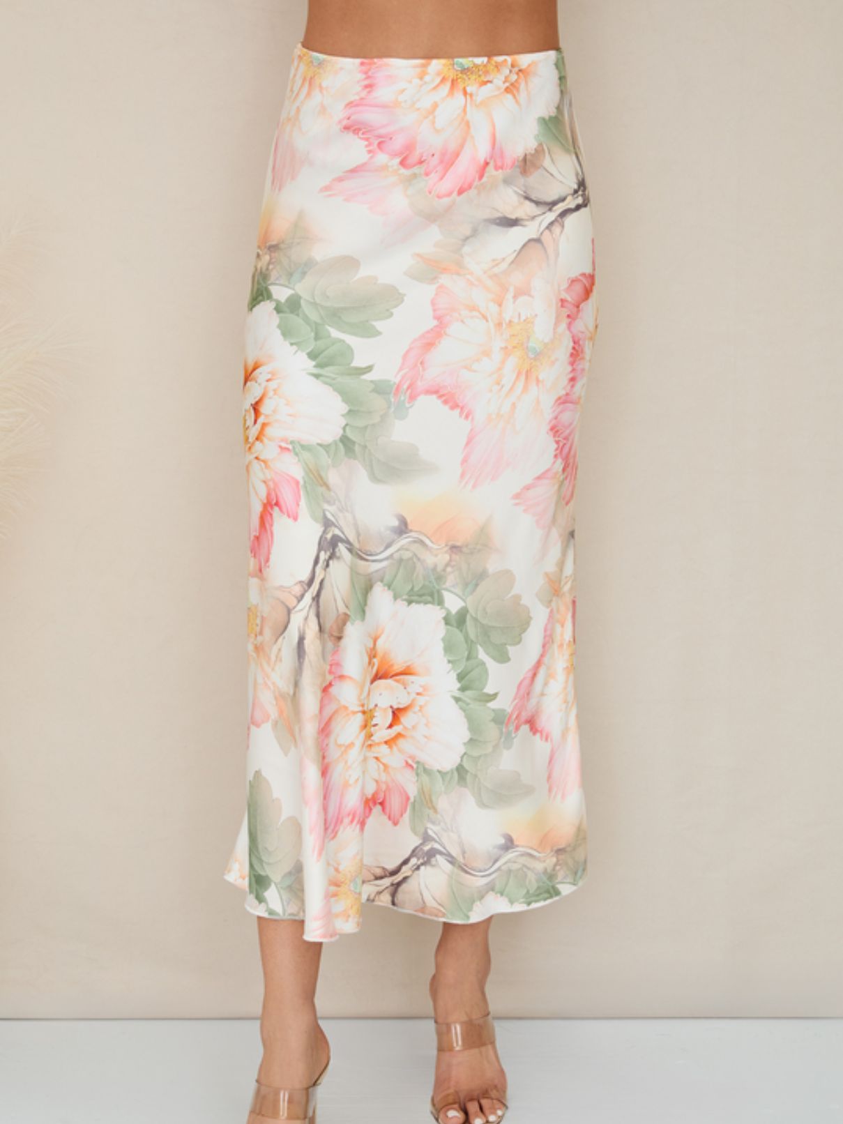 Cotton Island Peony Print Maxi Skirt in Cream/Blush