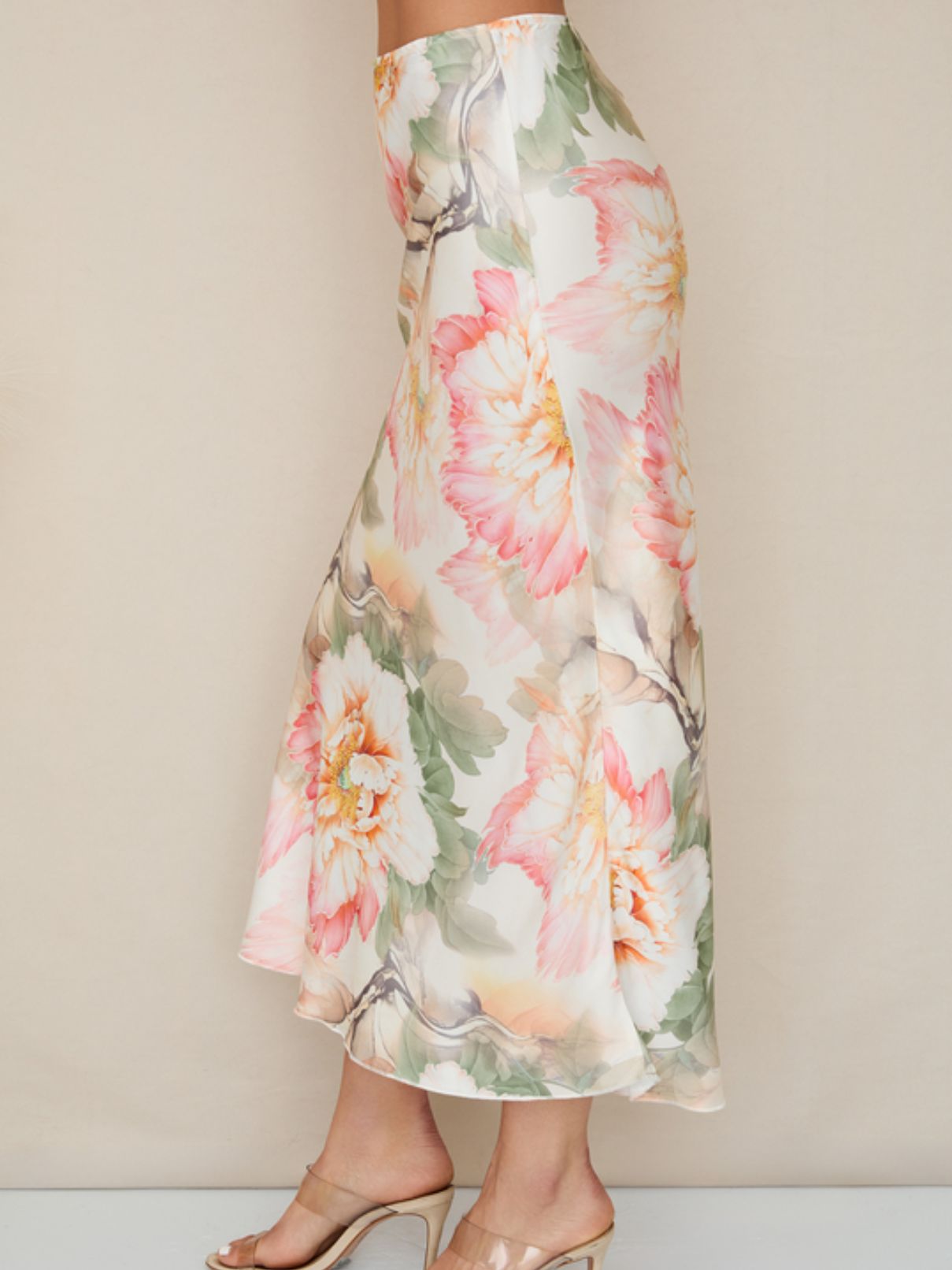 Cotton Island Peony Print Maxi Skirt in Cream/Blush