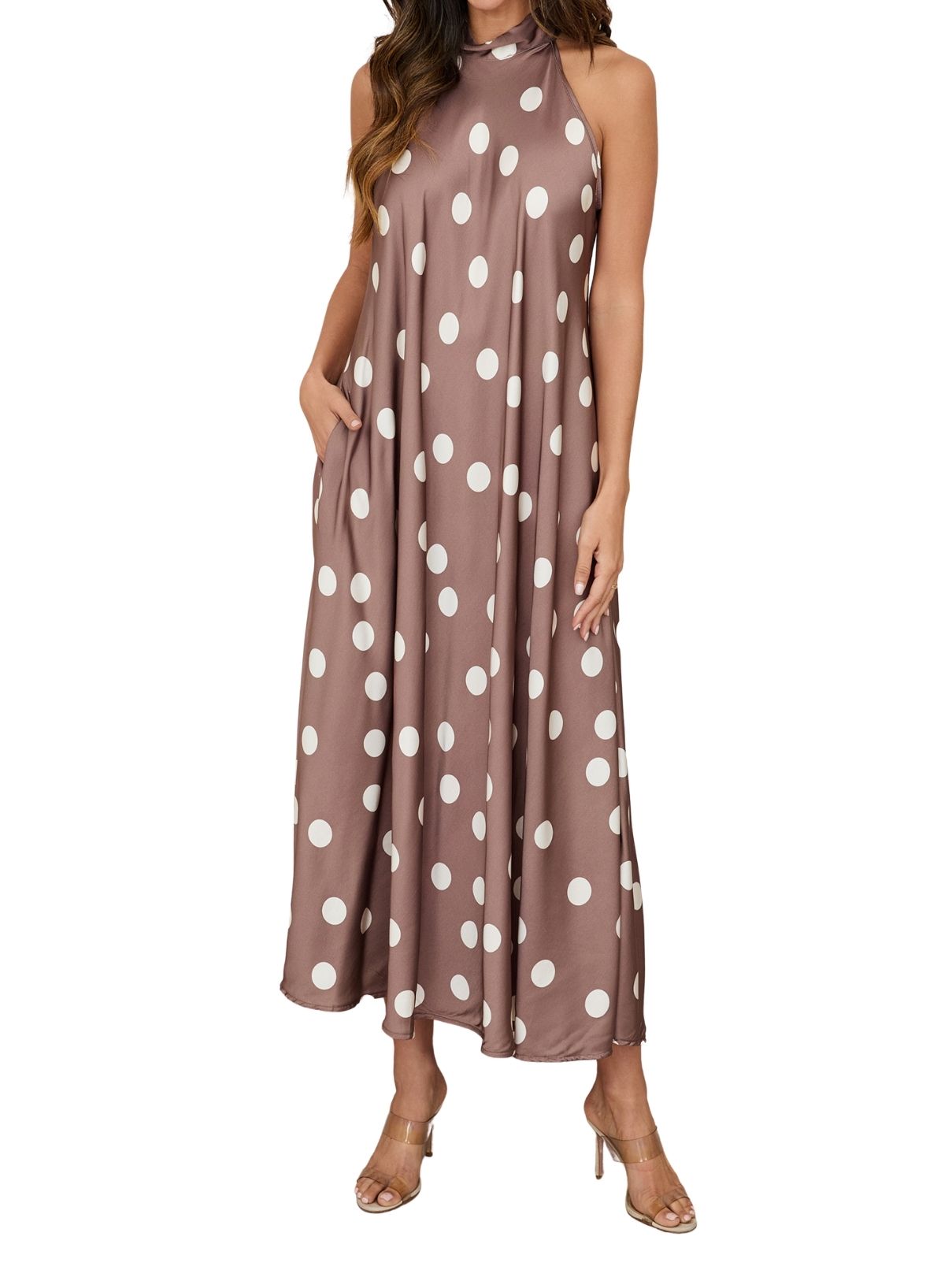 Cotton Island Polka Dot Mock Neck Maxi Dress – Mocha/Cream