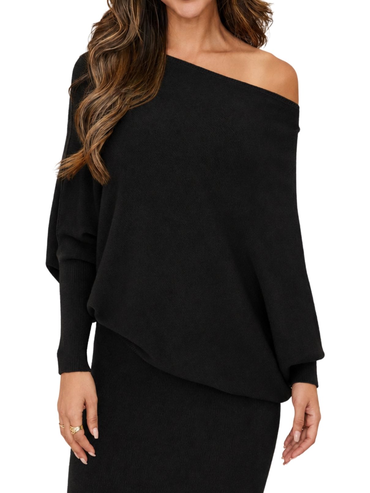 Cotton Island Ribbed Cuff Hem Asymmetrical Sweater Knit Top – Black