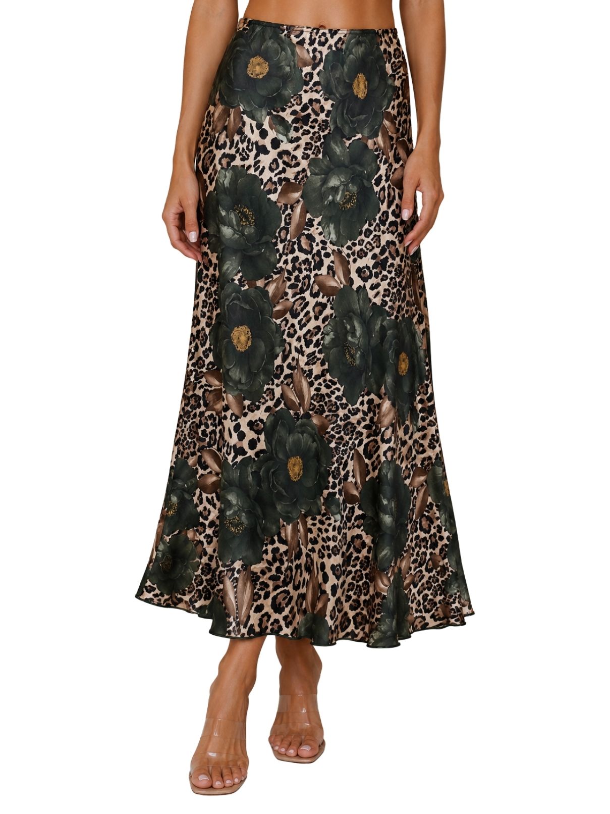 Cotton Island Rose Leopard Silky Midi Skirt