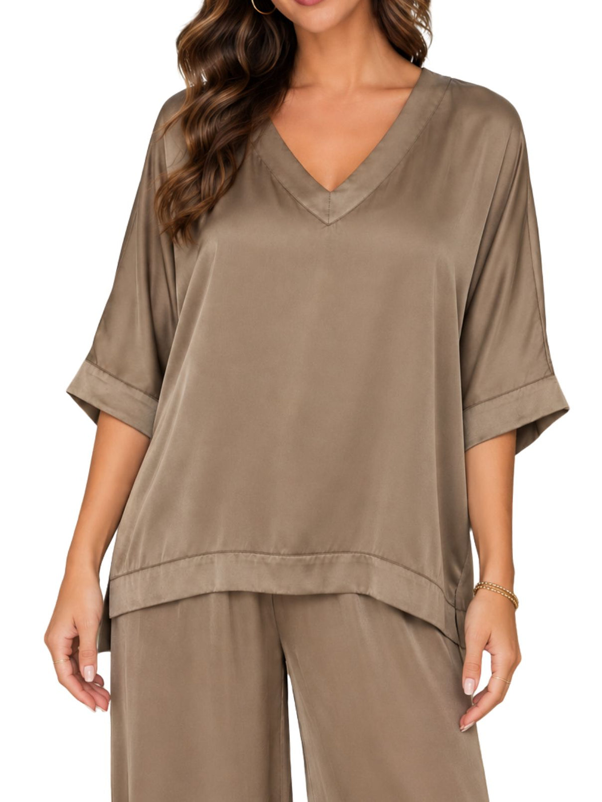 Cotton Island Silky Dolman Sleeve V-Neck Top in Mocha