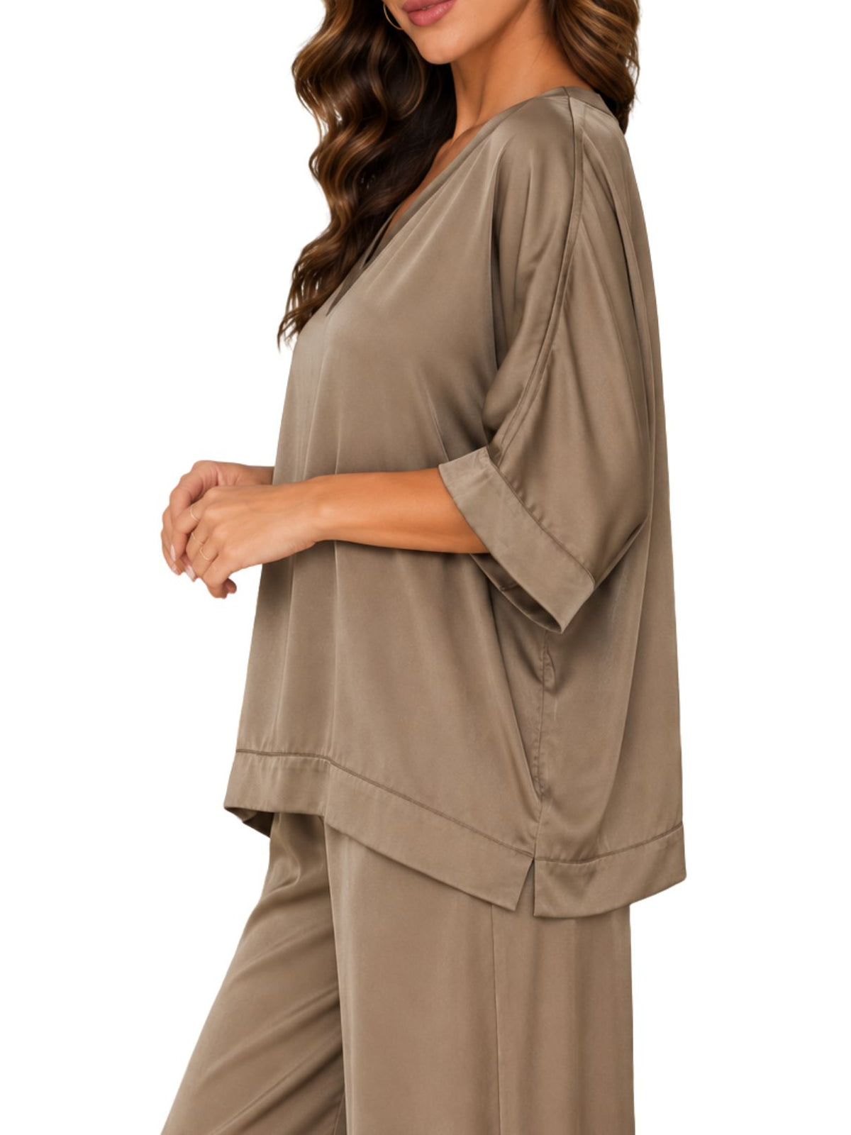 Cotton Island Silky Dolman Sleeve V-Neck Top in Mocha