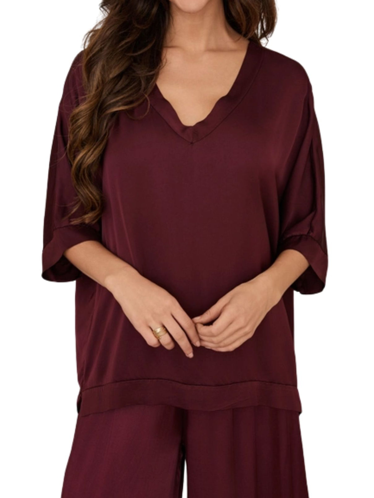 Cotton Island Silky Dolman Sleeve V-Neck Top in Wine