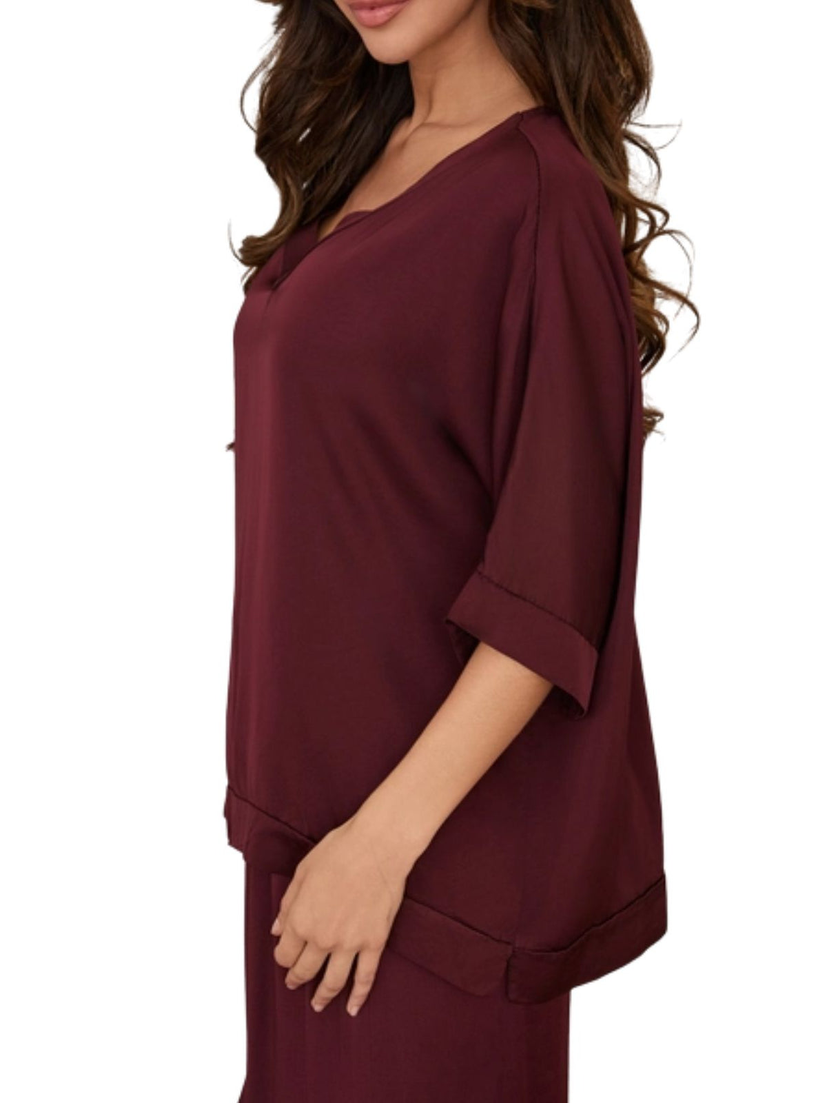 Cotton Island Silky Dolman Sleeve V-Neck Top in Wine