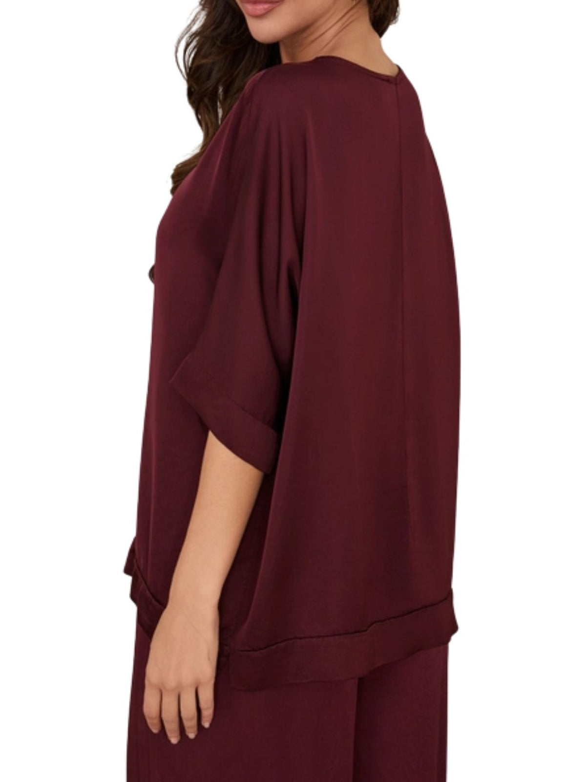 Cotton Island Silky Dolman Sleeve V-Neck Top in Wine