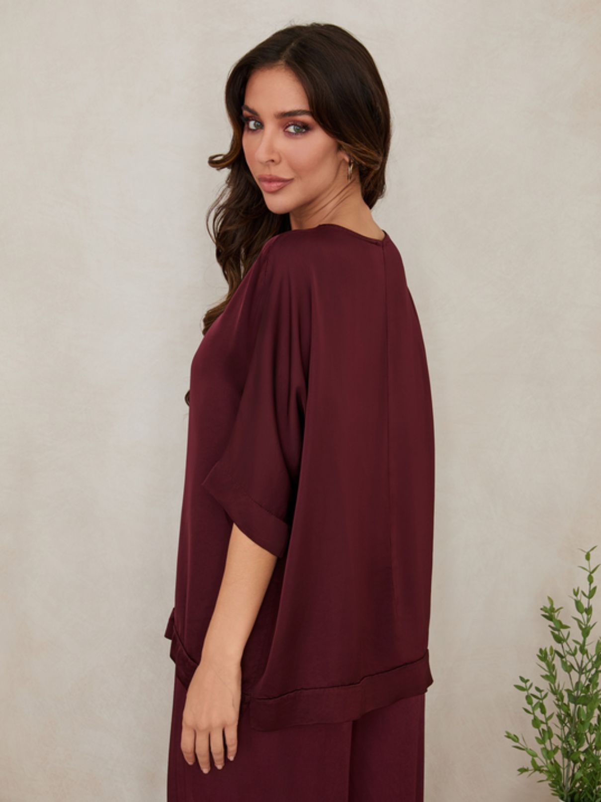 Cotton Island Silky Kimono Sleeve Top in Wine