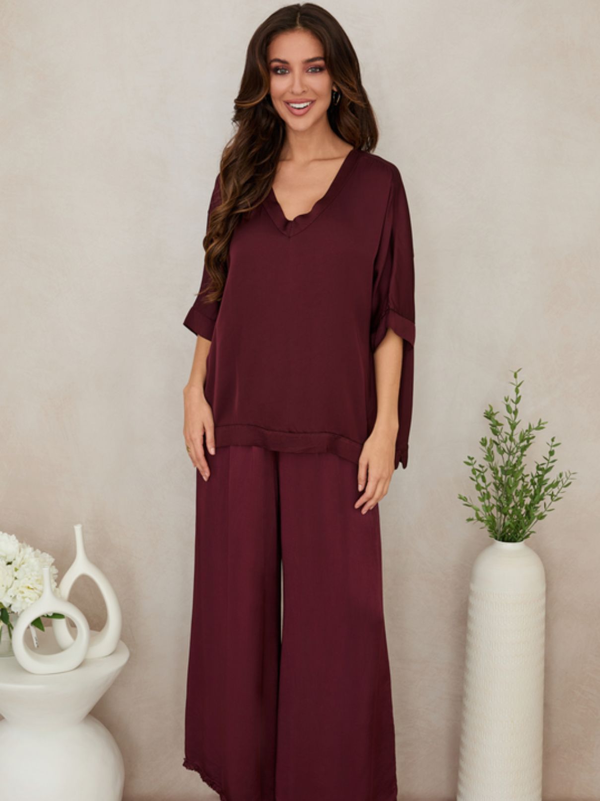Cotton Island Silky Kimono Sleeve Top in Wine