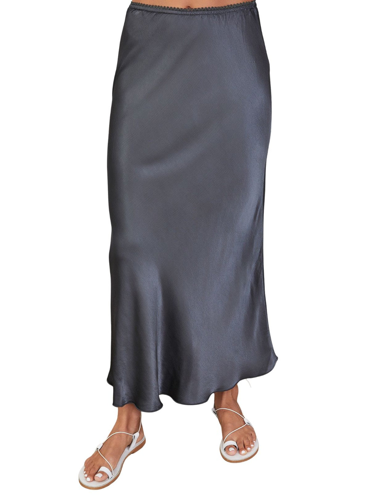 Cotton Island Silky Lace Waist Slip Skirt in Charcoal