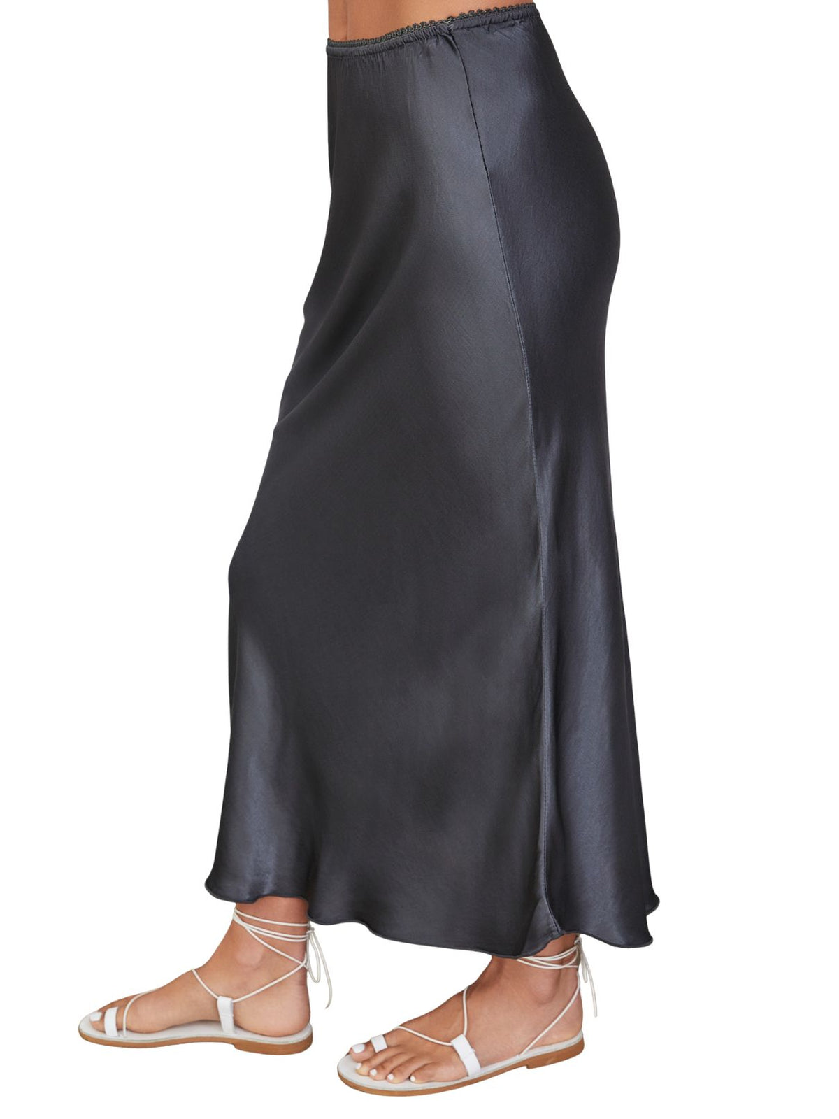 Cotton Island Silky Lace Waist Slip Skirt in Charcoal