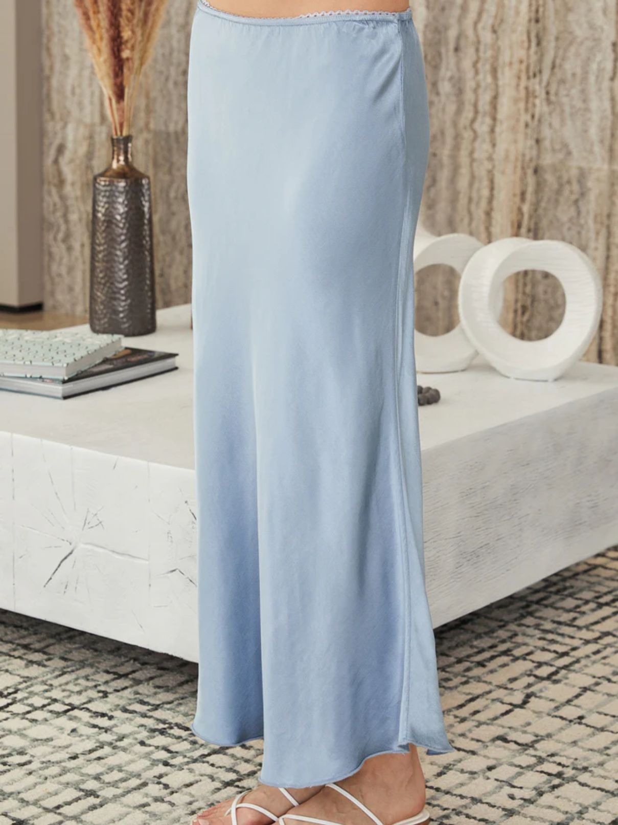 Cotton Island Silky Slip Skirt in Denim Blue