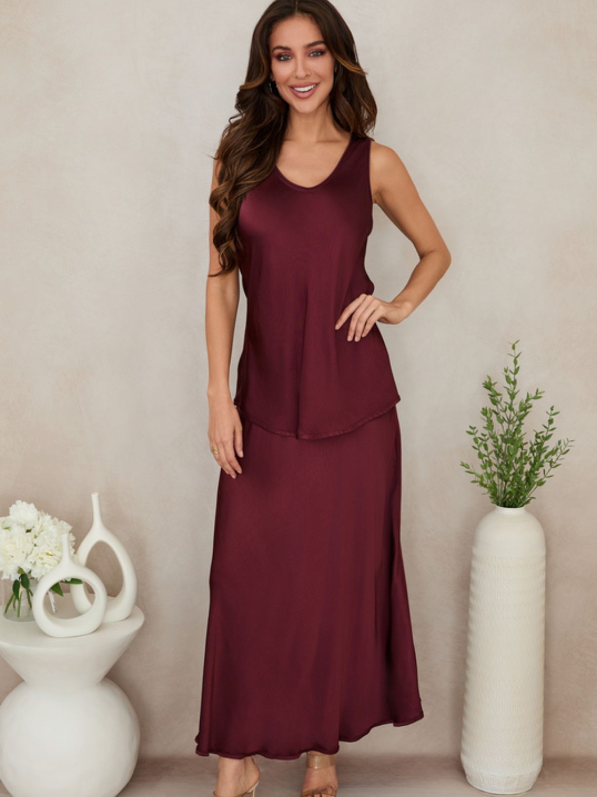 Cotton Island Silky Slip Skirt in Wine