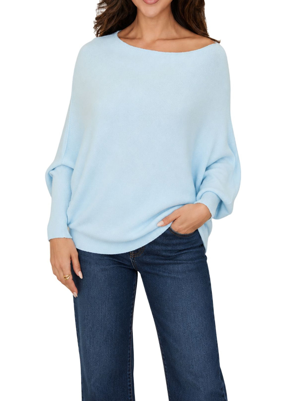 Cotton Island Two-Way Asymmetrical Off-the-Shoulder Knit Sweater Top in Sky Blue