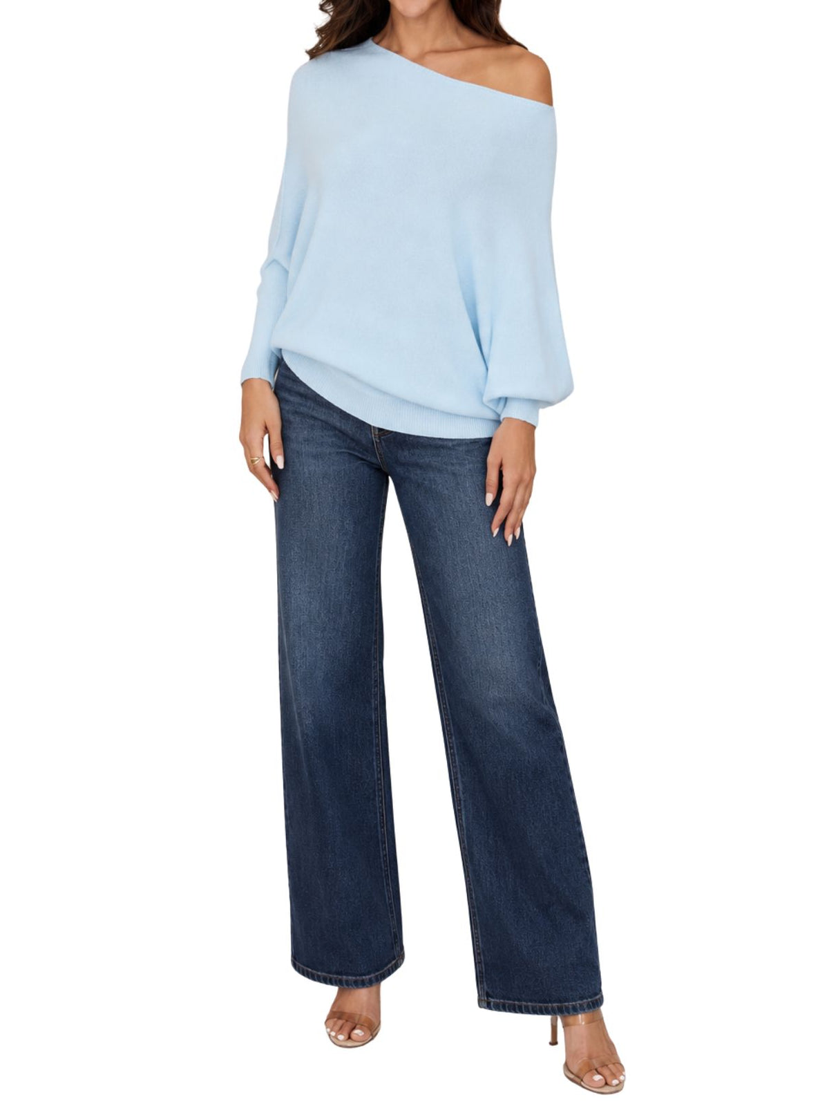 Cotton Island Two-Way Asymmetrical Off-the-Shoulder Knit Sweater Top in Sky Blue