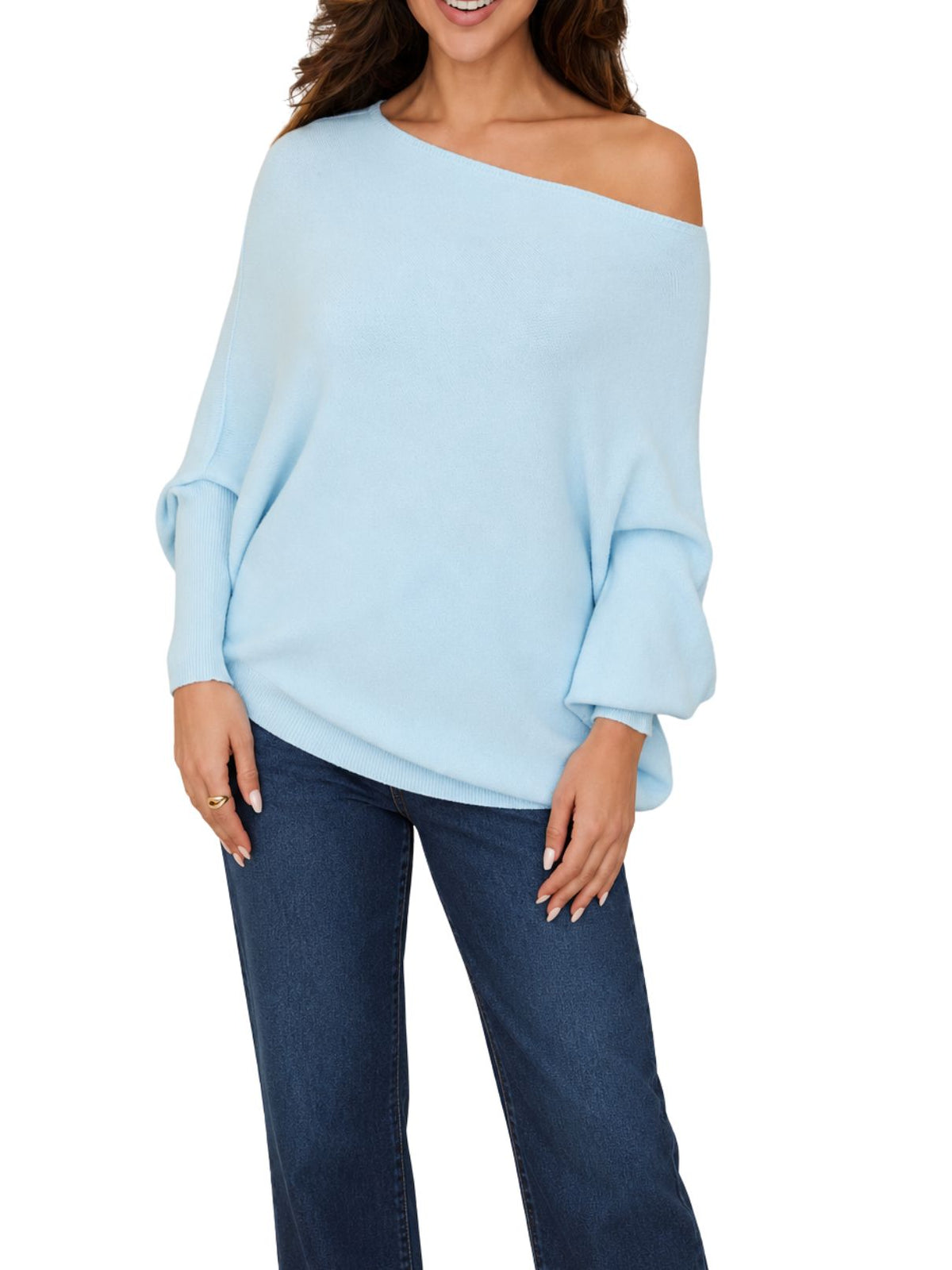 Cotton Island Two-Way Asymmetrical Off-the-Shoulder Knit Sweater Top in Sky Blue