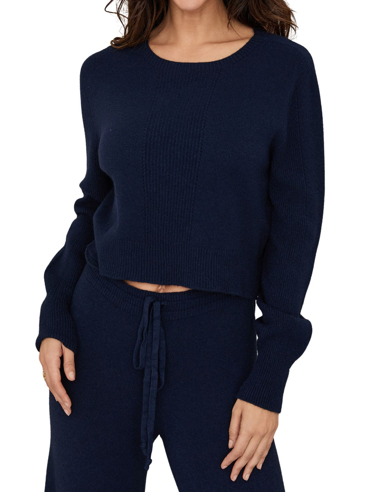 Cotton Island Ultra Soft Long Sleeve Crop Knit Sweater in Midnight Navy