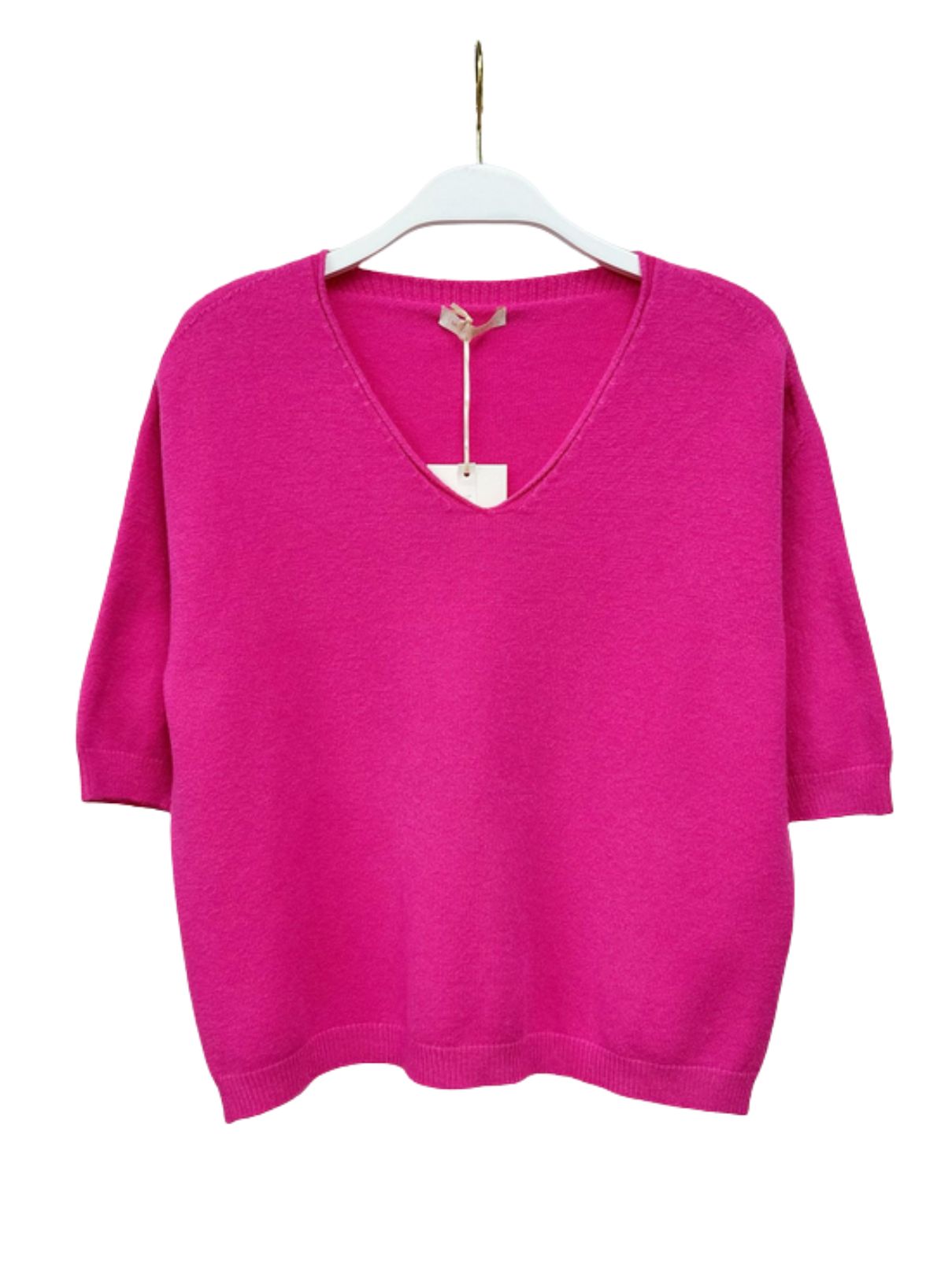 Cotton Island V-Neck 3/4 Sleeve Knit Top in Fuchsia