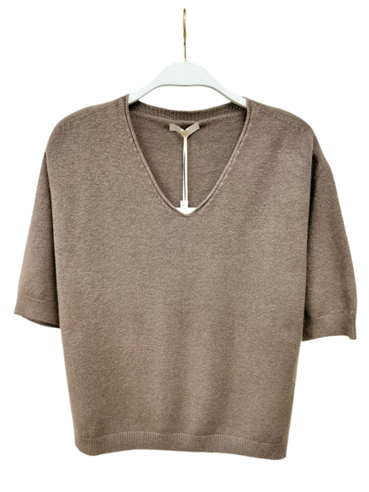 Cotton Island V-Nk 3/4 Sleeve Knit Top in Dark Mocha