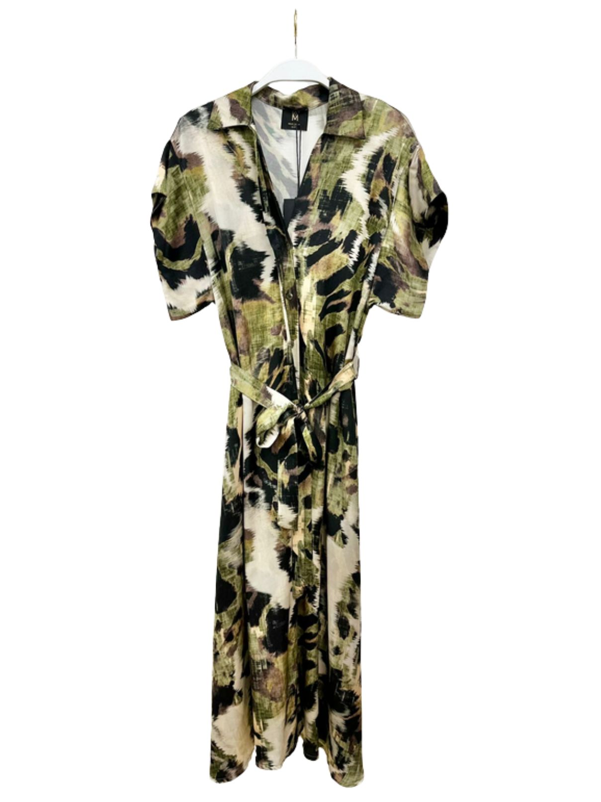Cotton Island Watercolor Maxi Button Down Tie Belt Dress in Green/Brown