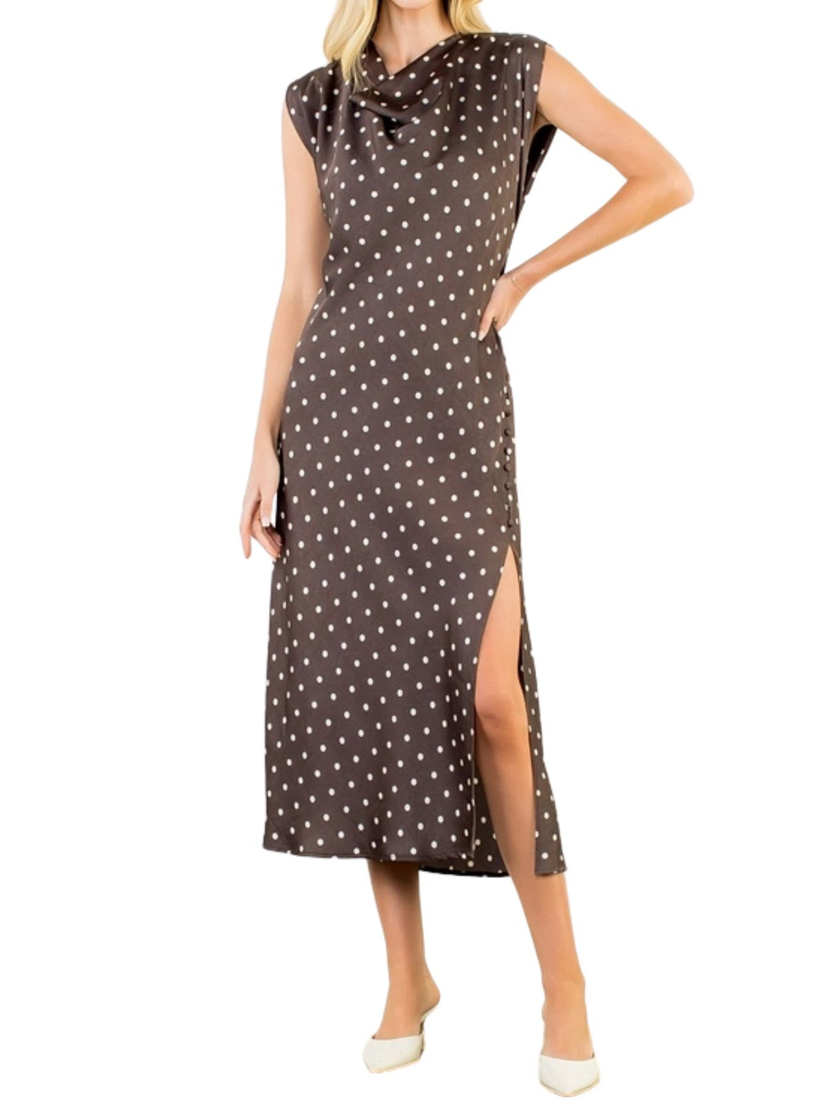 Cowl Neck Polka Dot Slit Dress – Brown