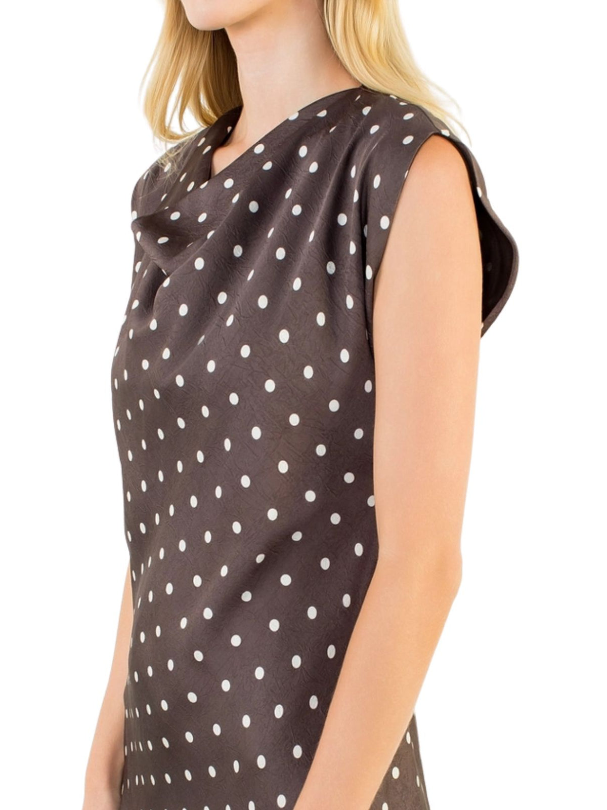 Cowl Neck Polka Dot Slit Dress – Brown