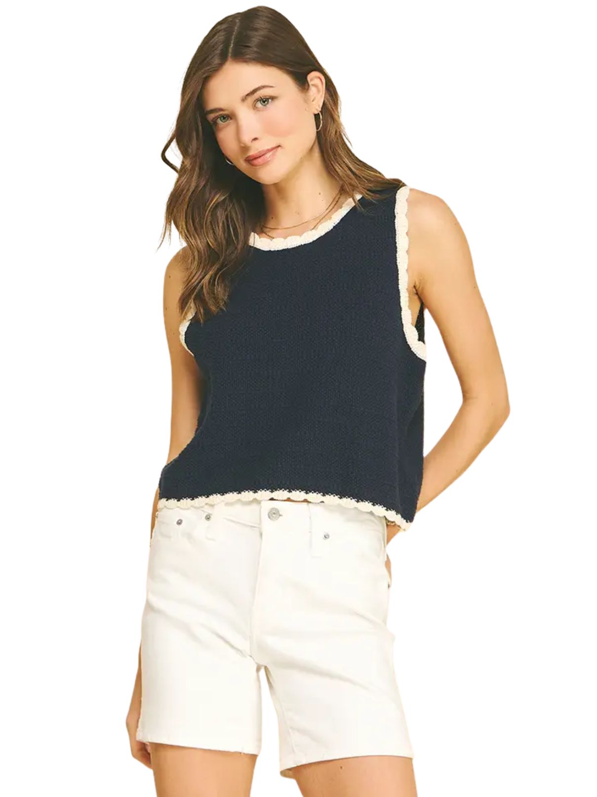 Crochet Trim Knit Tank in Navy/Cream