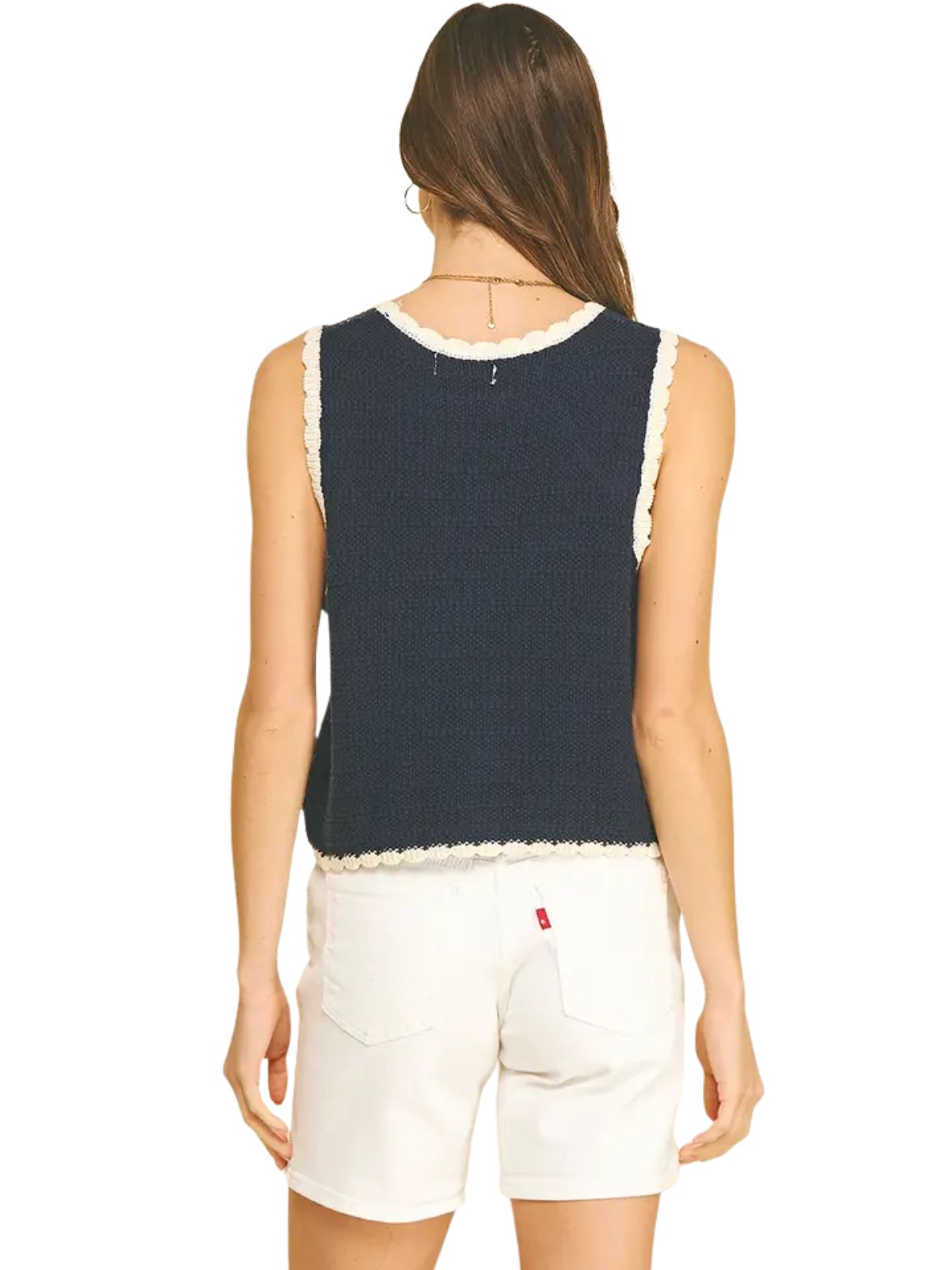 Crochet Trim Knit Tank in Navy/Cream