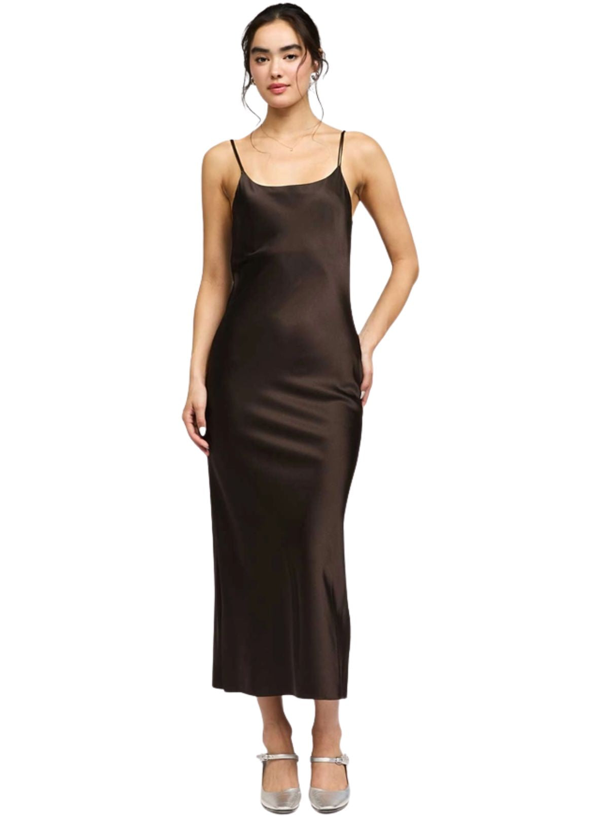 Current Air 100% Silk Cami Midi Dress in Brown