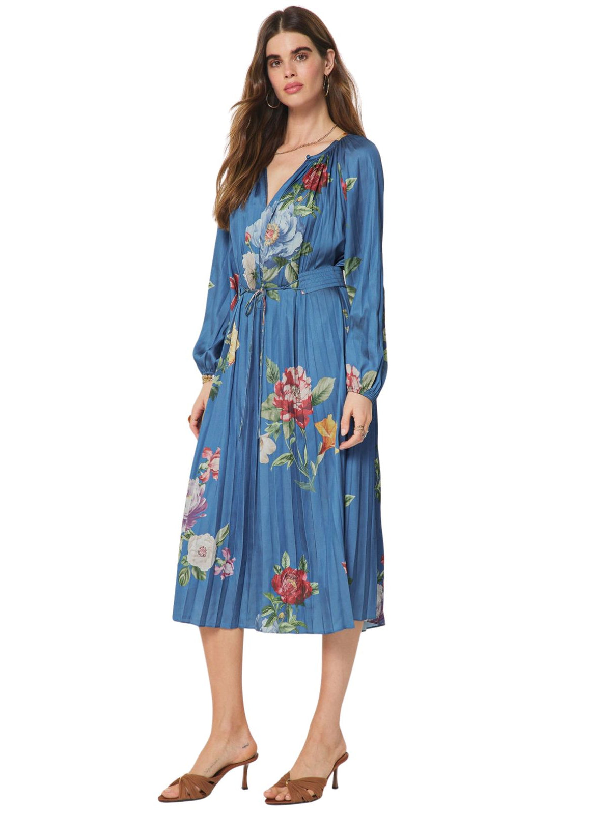 current air dress Satin Floral Print Split Round Neck Long Sleeve Tie Front Midi Dress, Womens, M, Multi Size:Adult | 39|R Flirla Plus Size Women's Product ID:AP1E213312_AV303_M Apparel Featuring a lively floral