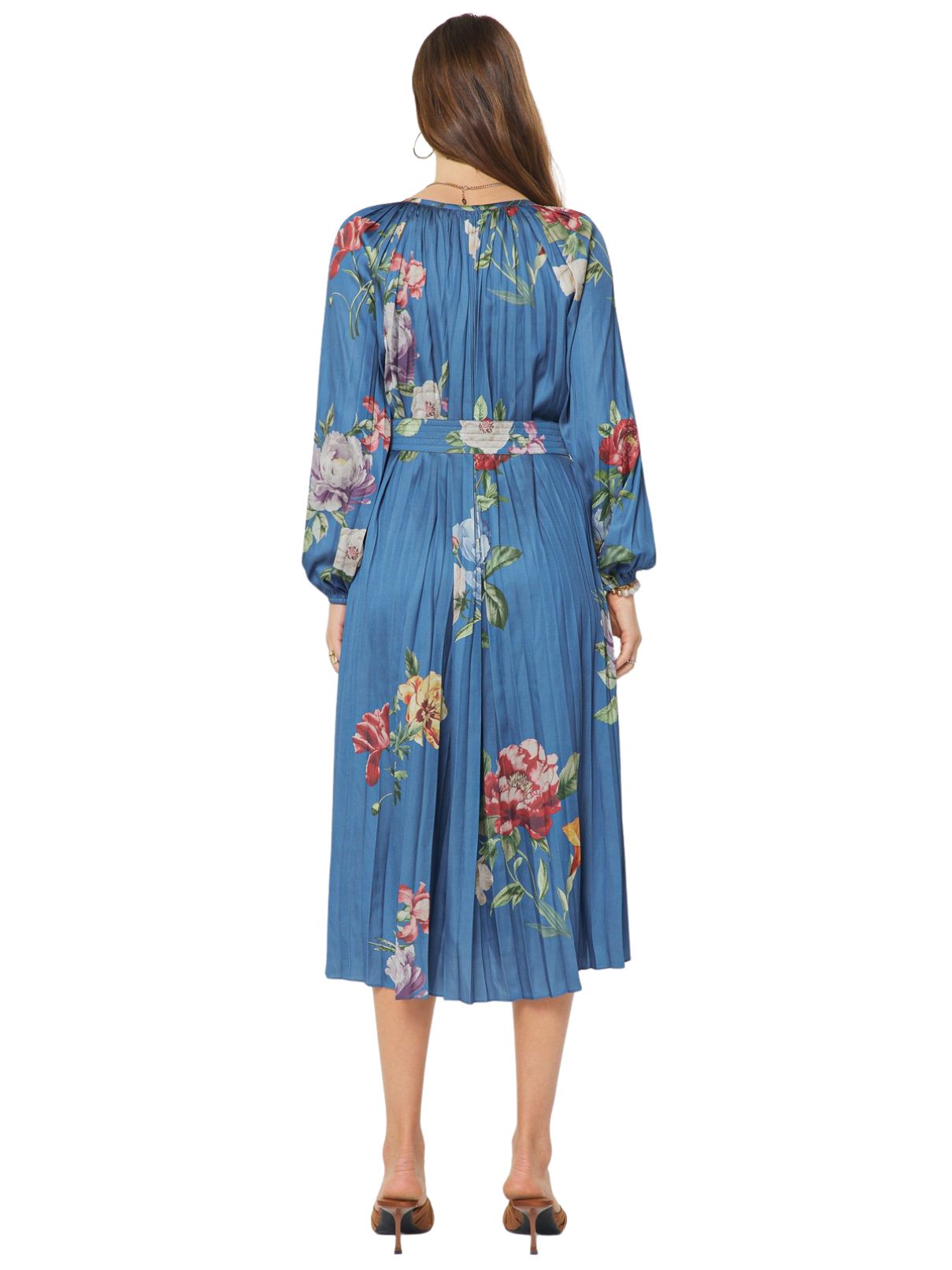 Current Air Floral Printed Pleated Long Sleeve Midi Dress