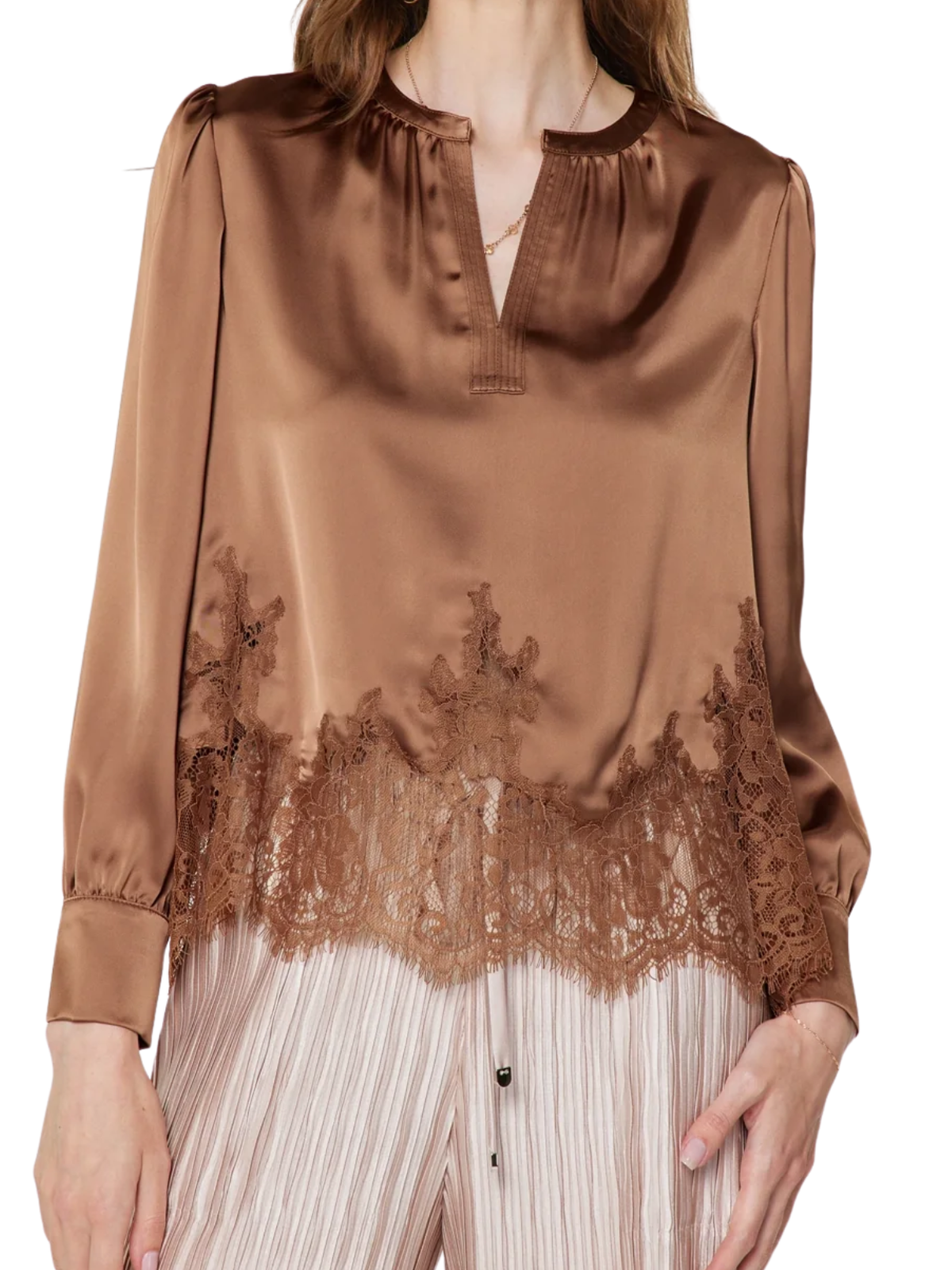 Current Air Lace Hem Satin Blouse in Mocha