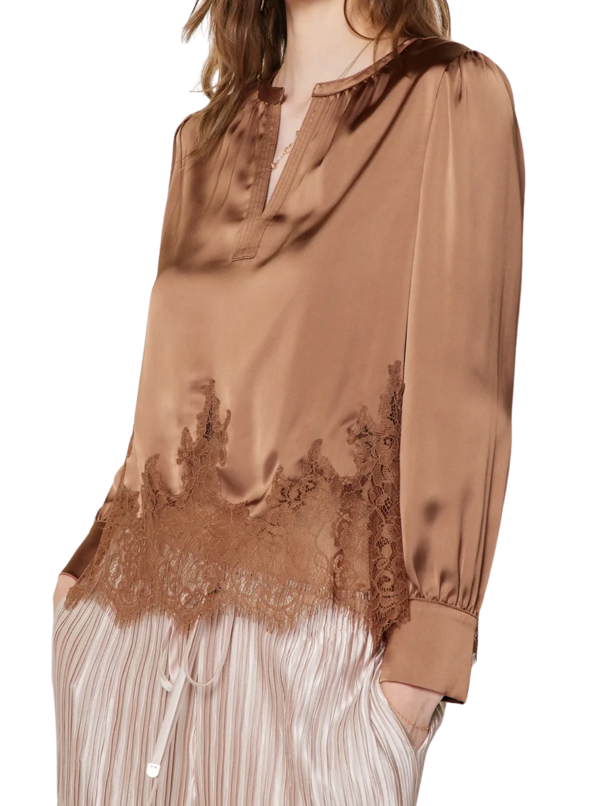 Current Air Lace Hem Satin Blouse in Mocha