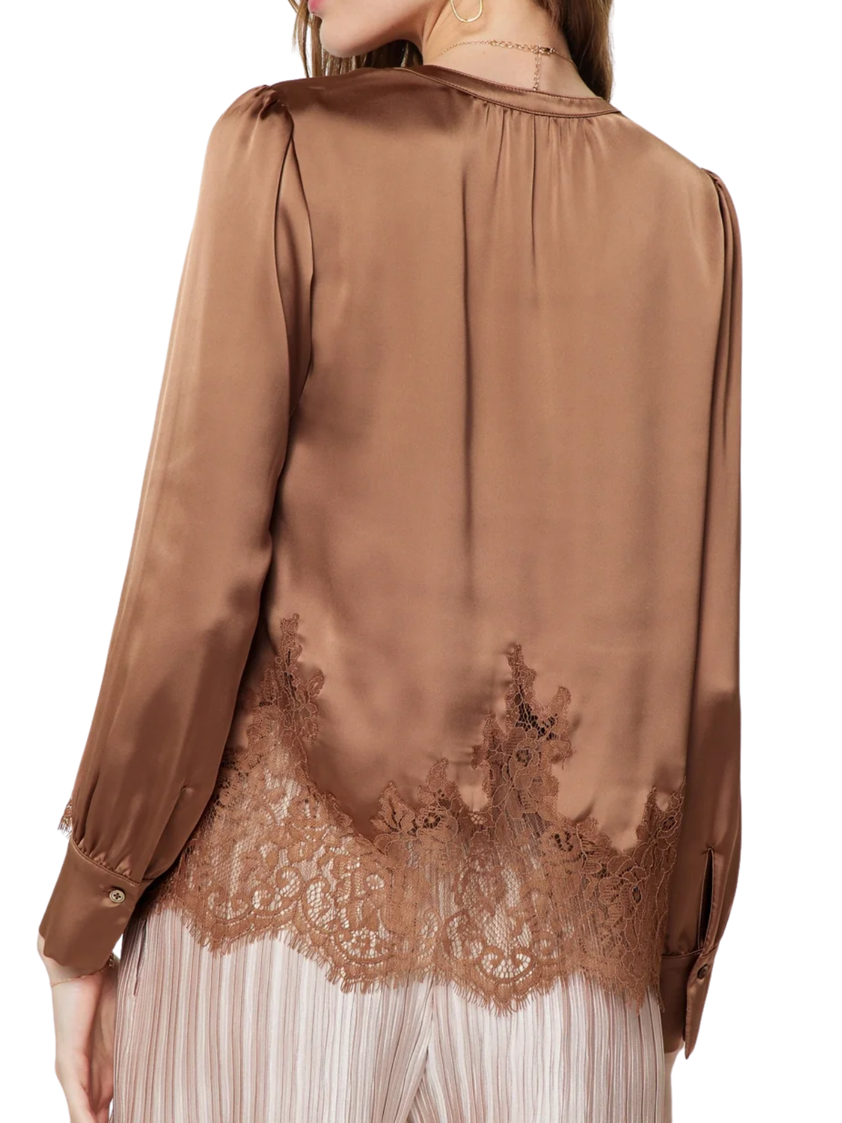 Current Air Lace Hem Satin Blouse in Mocha