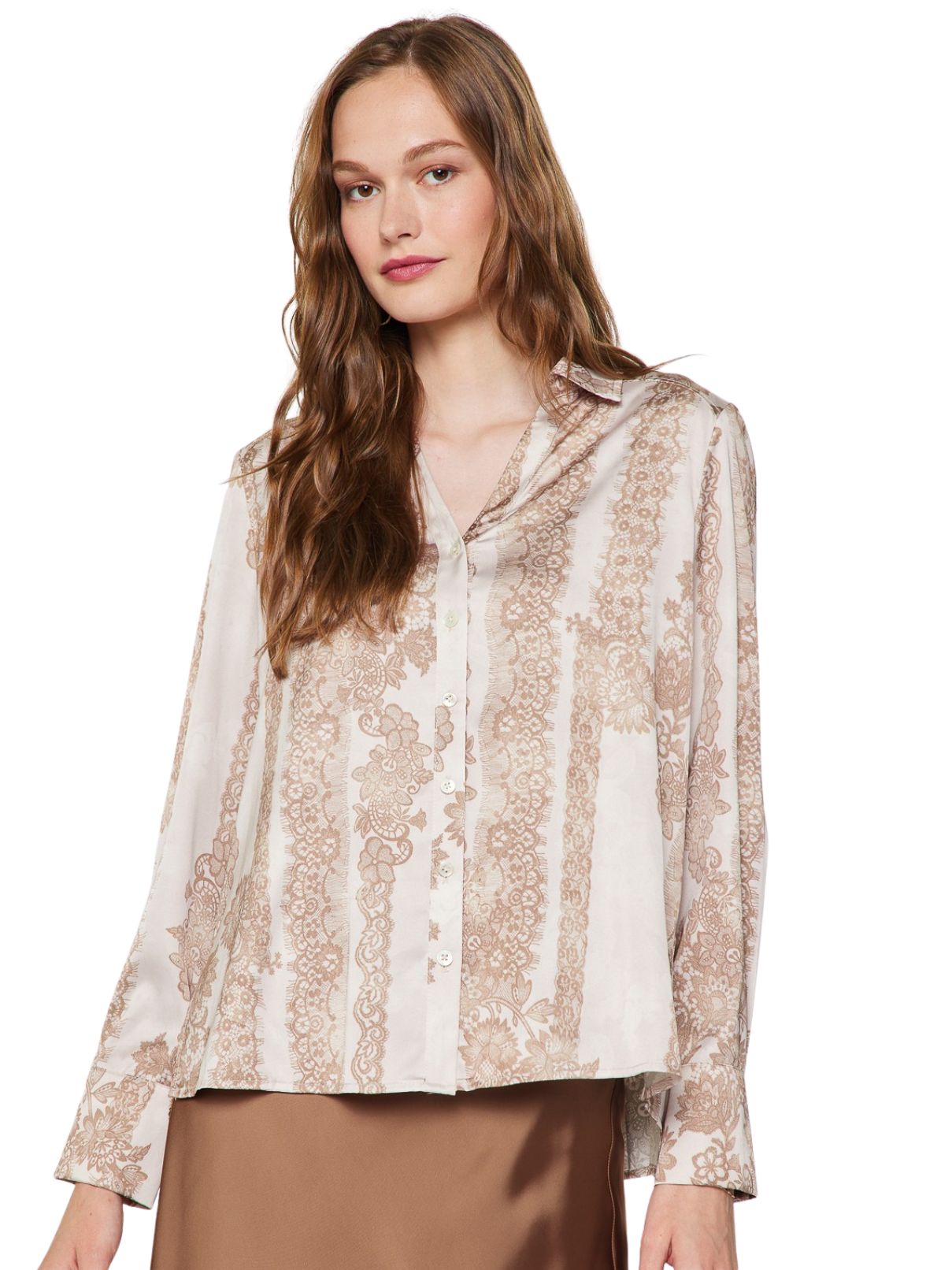 Current Air Lace Print Satin Button Down Blouse