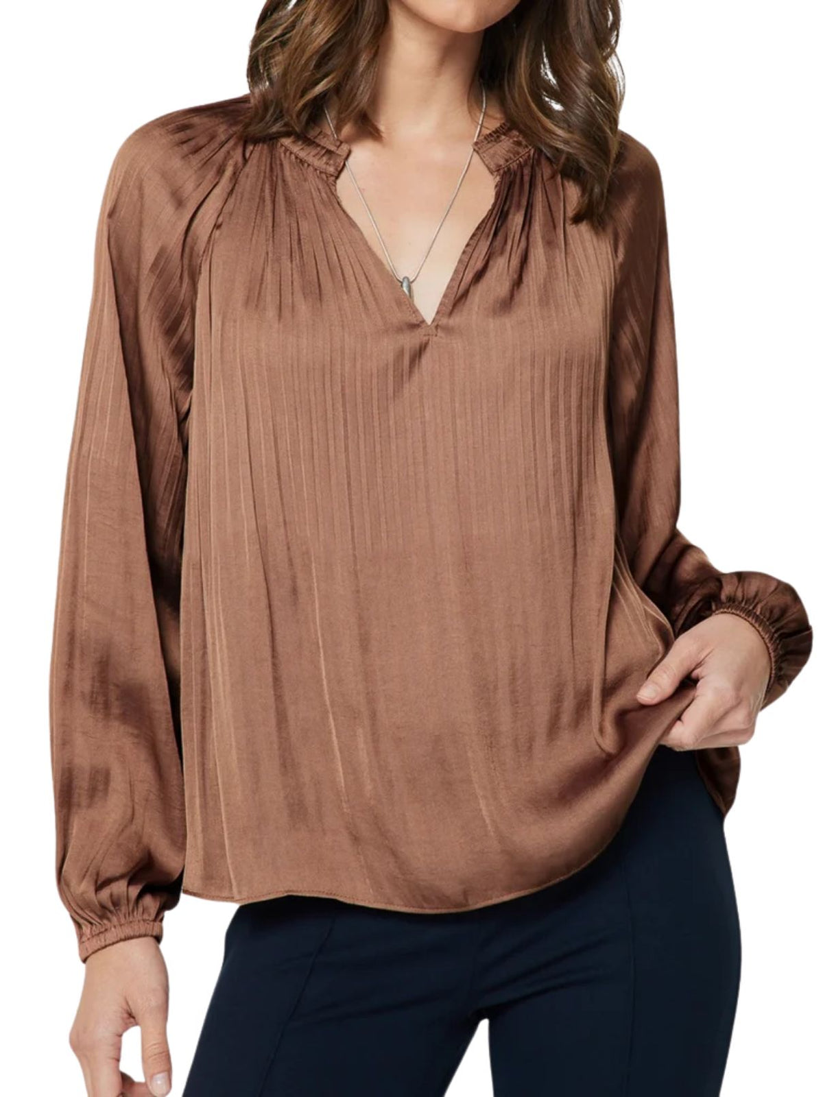 Current Air Pleated Satin Blouse in Mocha