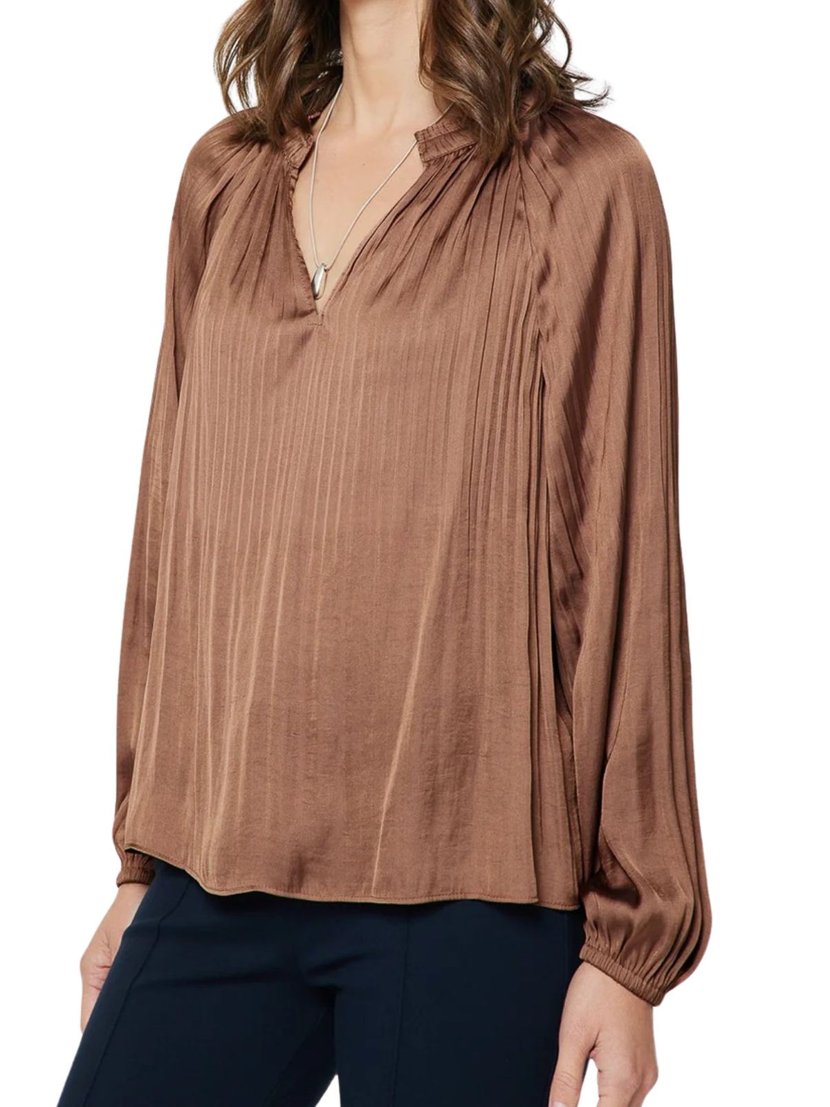 Current Air Pleated Satin Blouse in Mocha