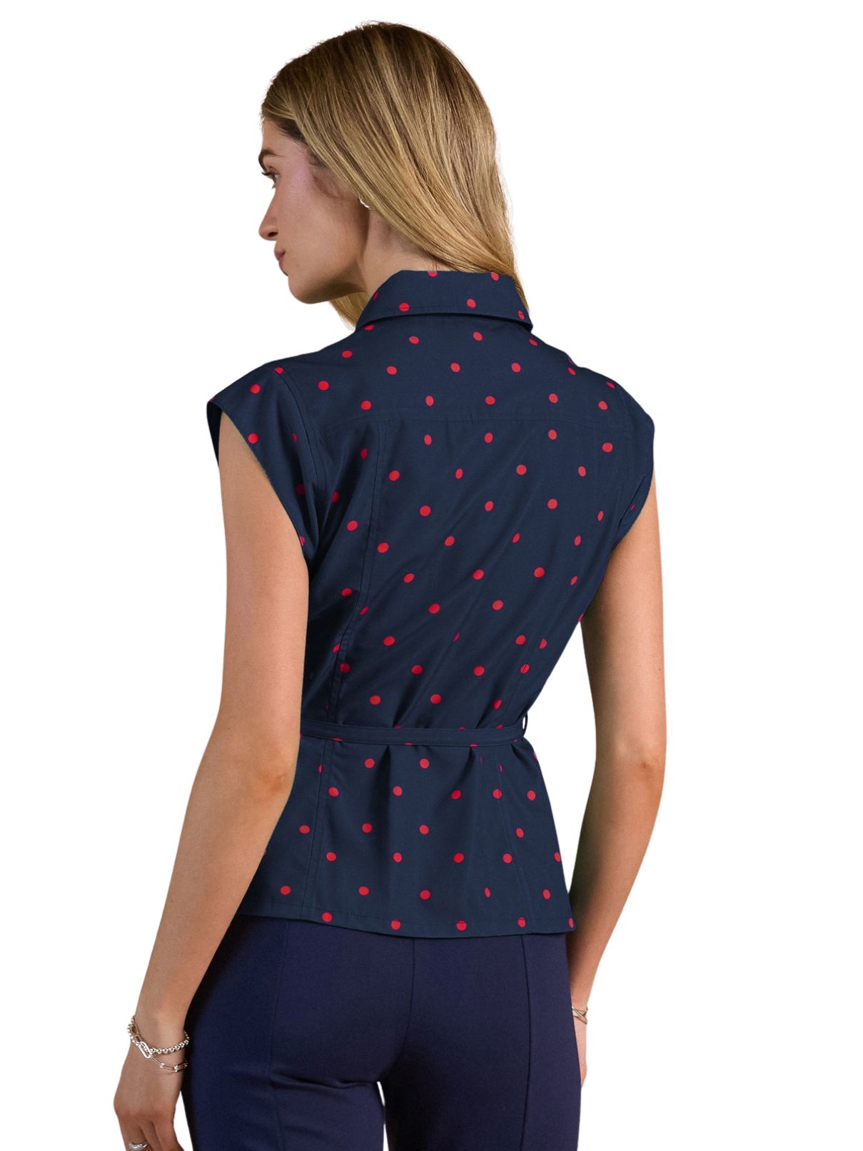Current Air Polka Dot Belted Shirt Blouse in Navy/Red