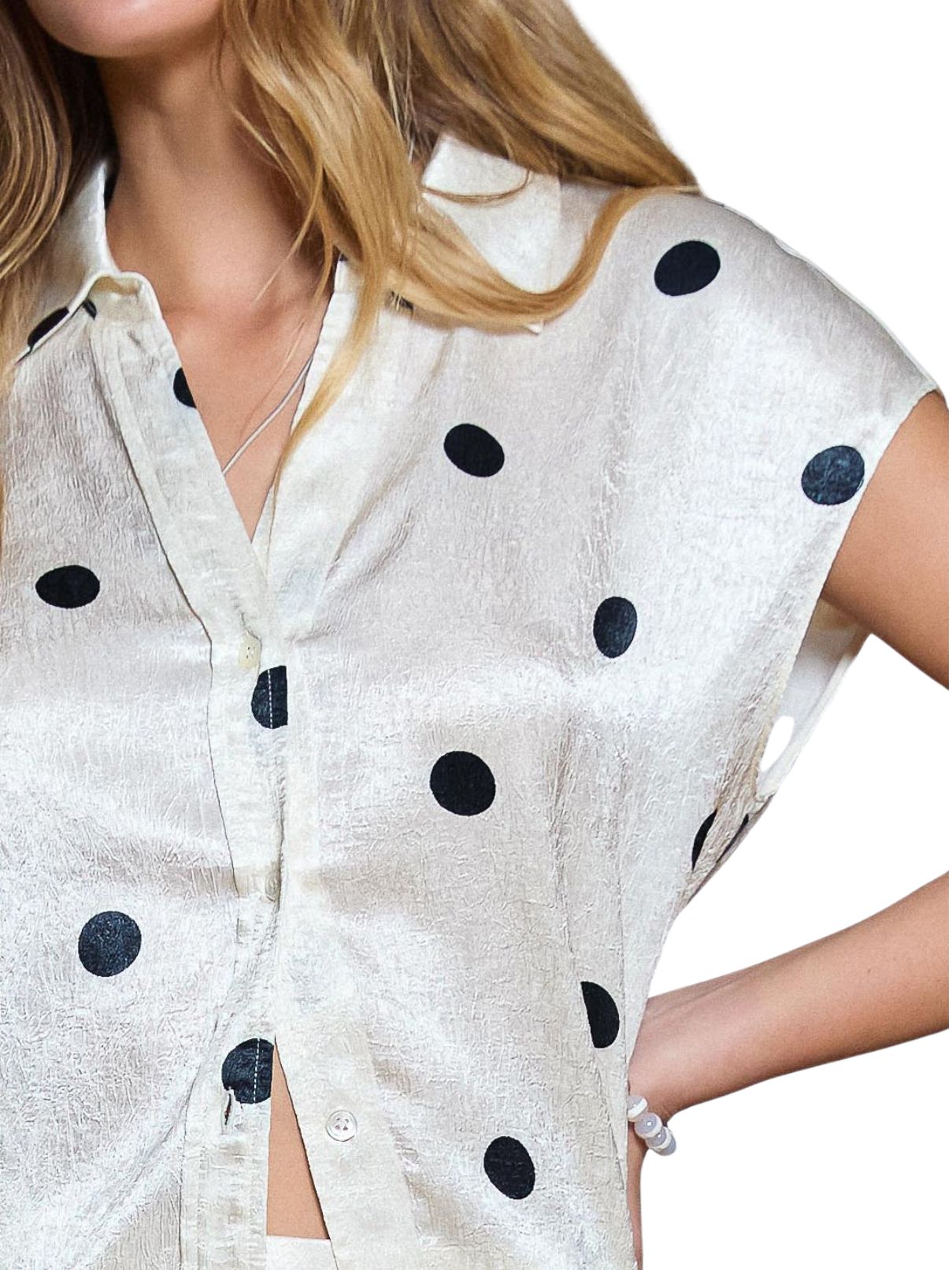 Current Air Polka Dot Cap Sleeve Button Down Shirt