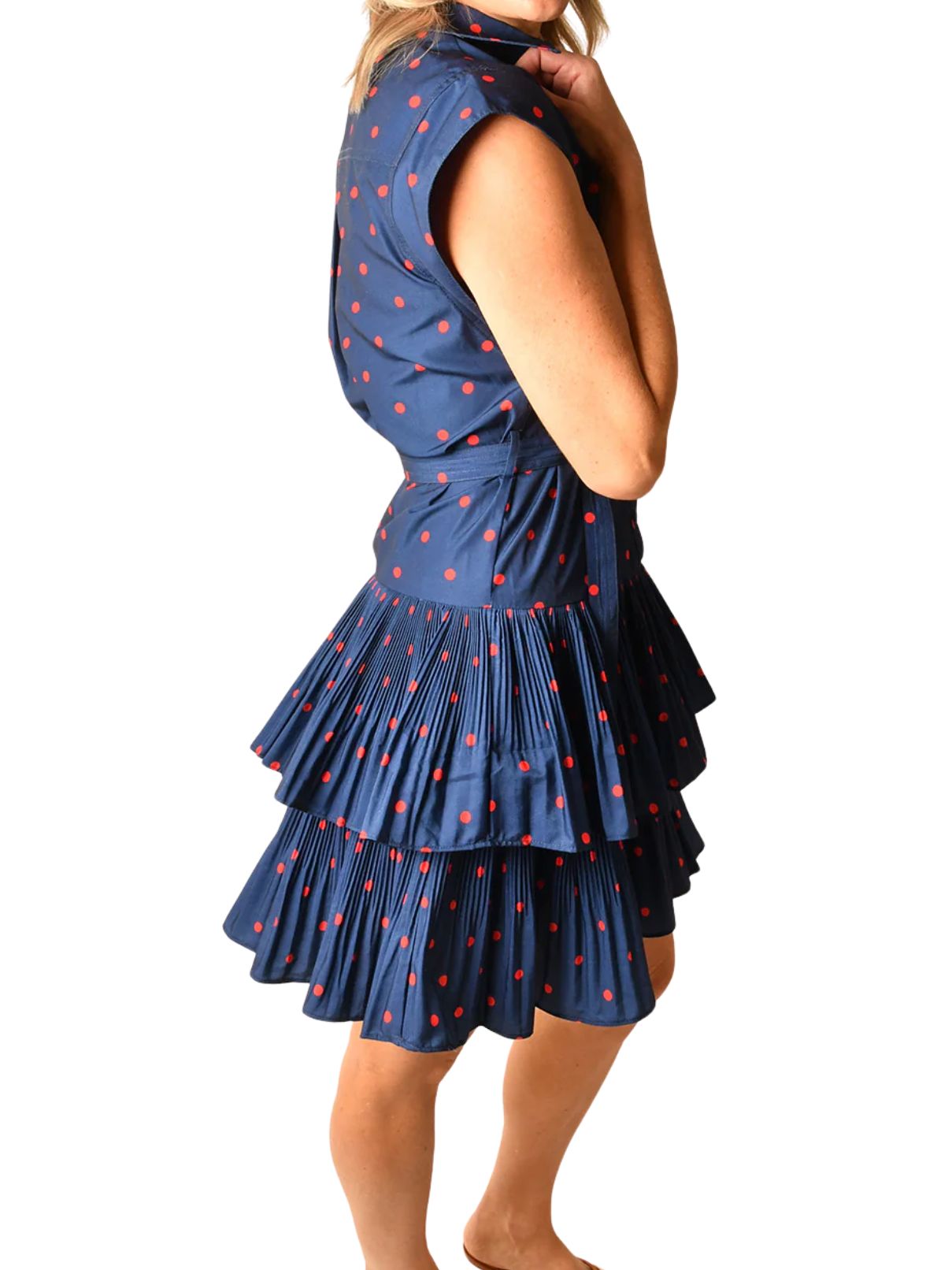 Current Air Sleeveless Polka Dot Dress in Navy/Red