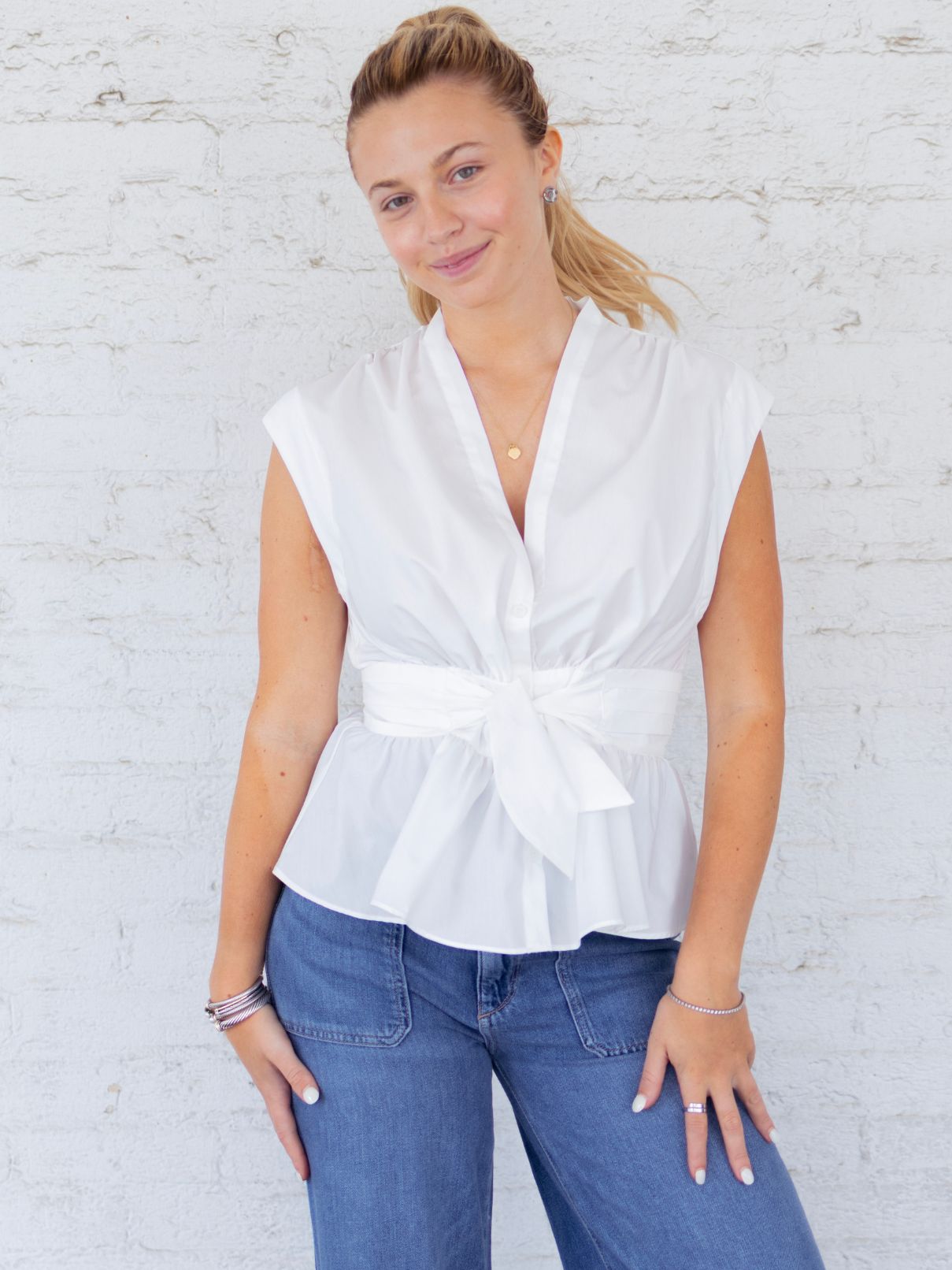 Current Air V-Nk Cap Sleeve Blouse in White