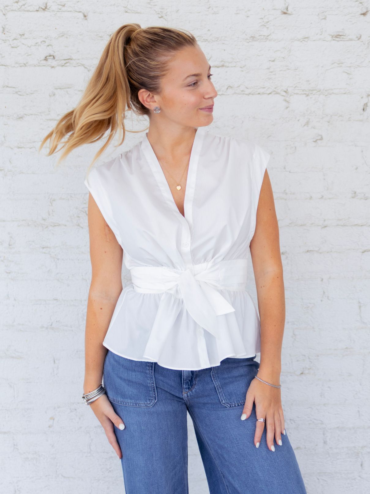 Current Air V-Nk Cap Sleeve Blouse in White